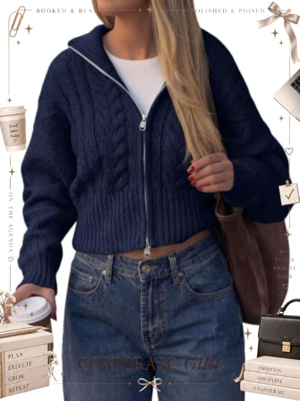 Cable Knit Cropped Cardigan Zip Up Long Sleeve Sweater Women